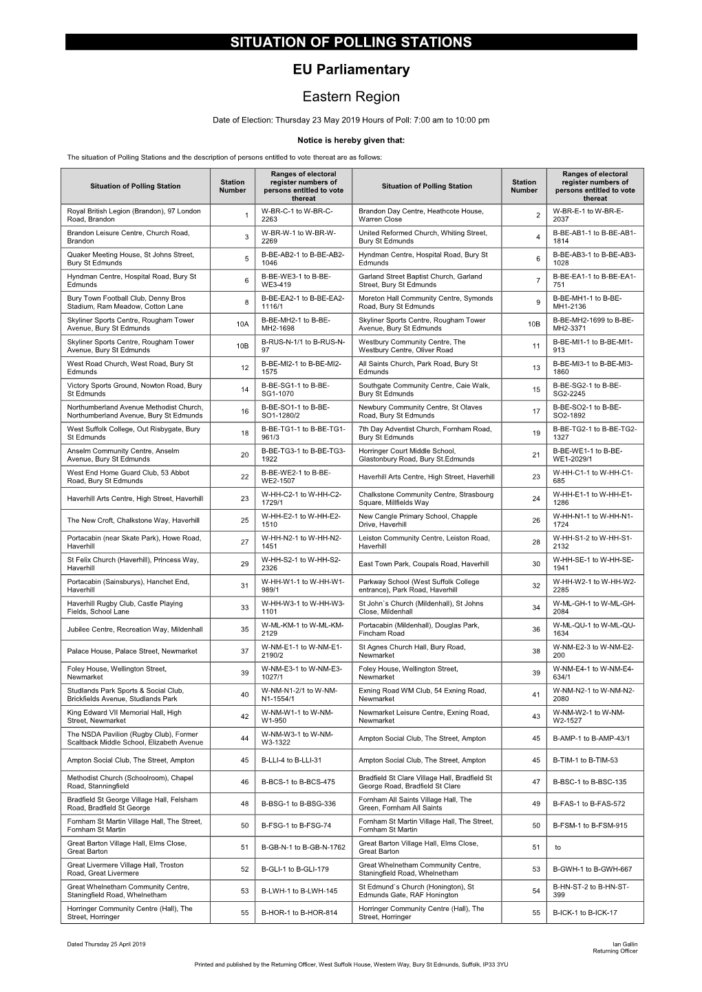 SITUATION of POLLING STATIONS EU Parliamentary Eastern Region