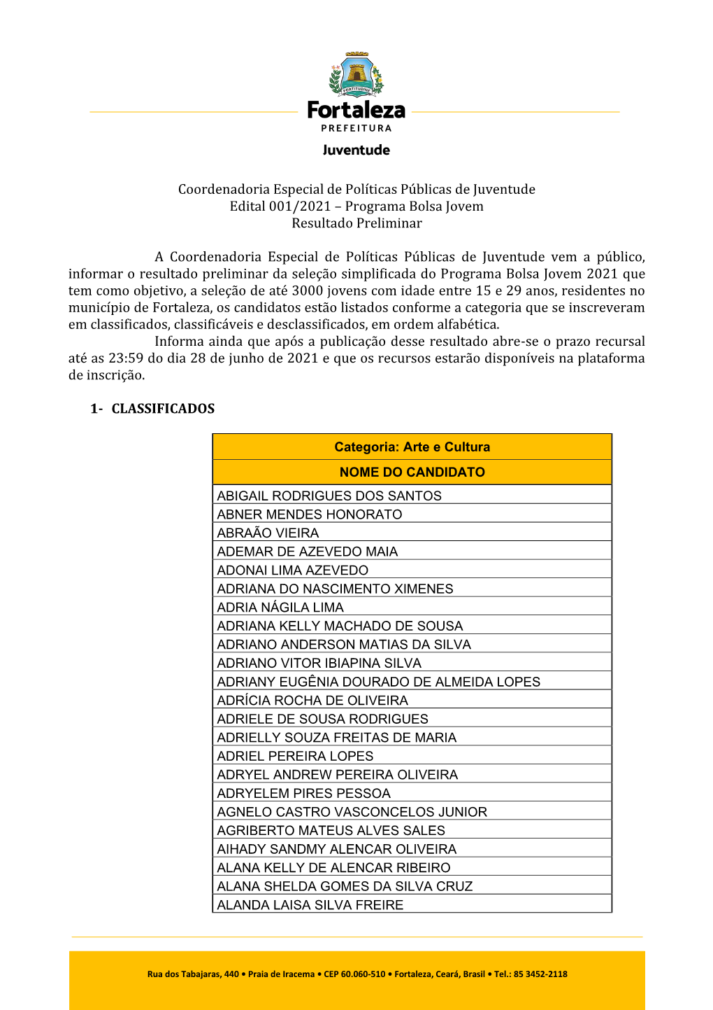 Programa Bolsa Jovem Resultado Preliminar a Coor