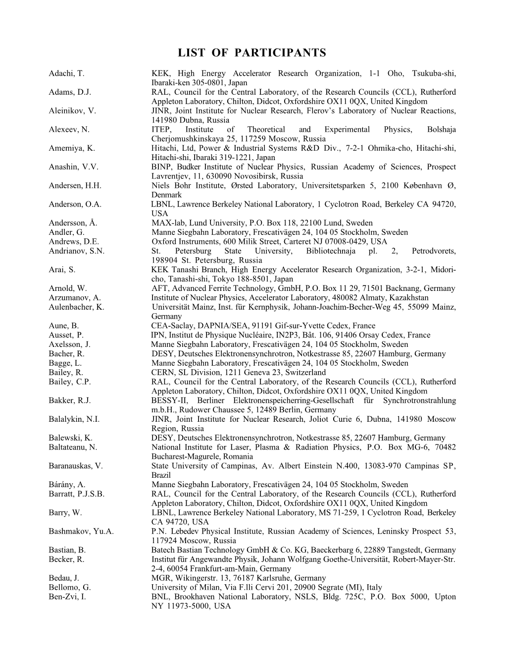 List of Participants