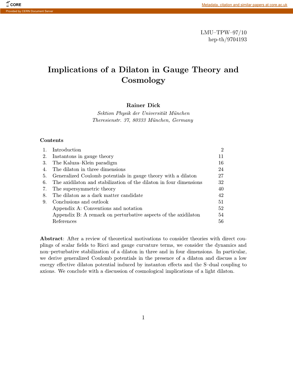 Implications of a Dilaton in Gauge Theory and Cosmology