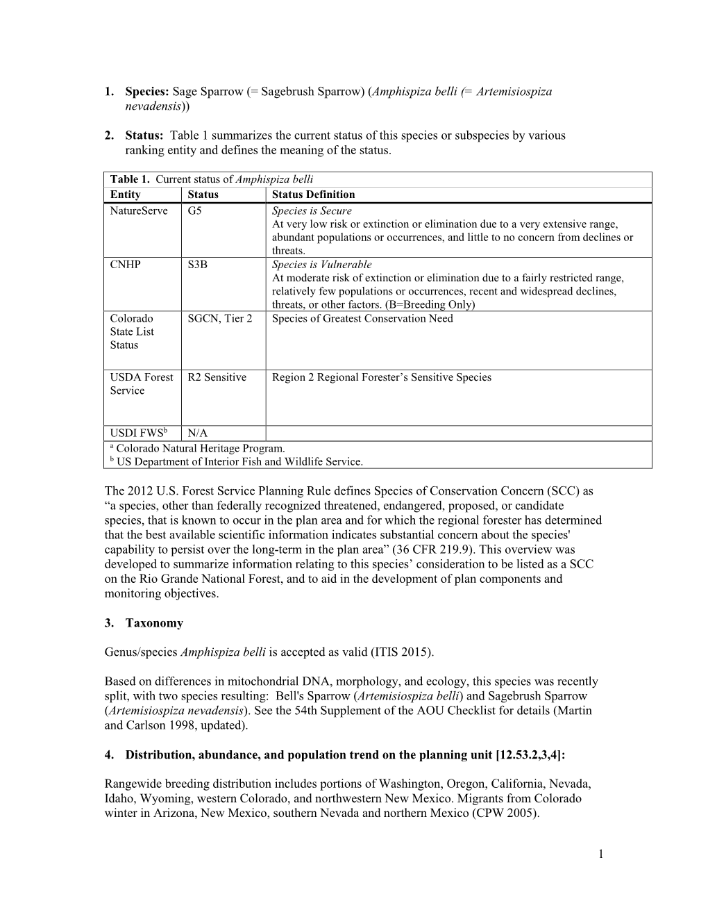 1 1. Species: Sage Sparrow (= Sagebrush Sparrow) (Amphispiza Belli (= Artemisiospiza Nevadensis)) 2. Status: Table 1 Summariz