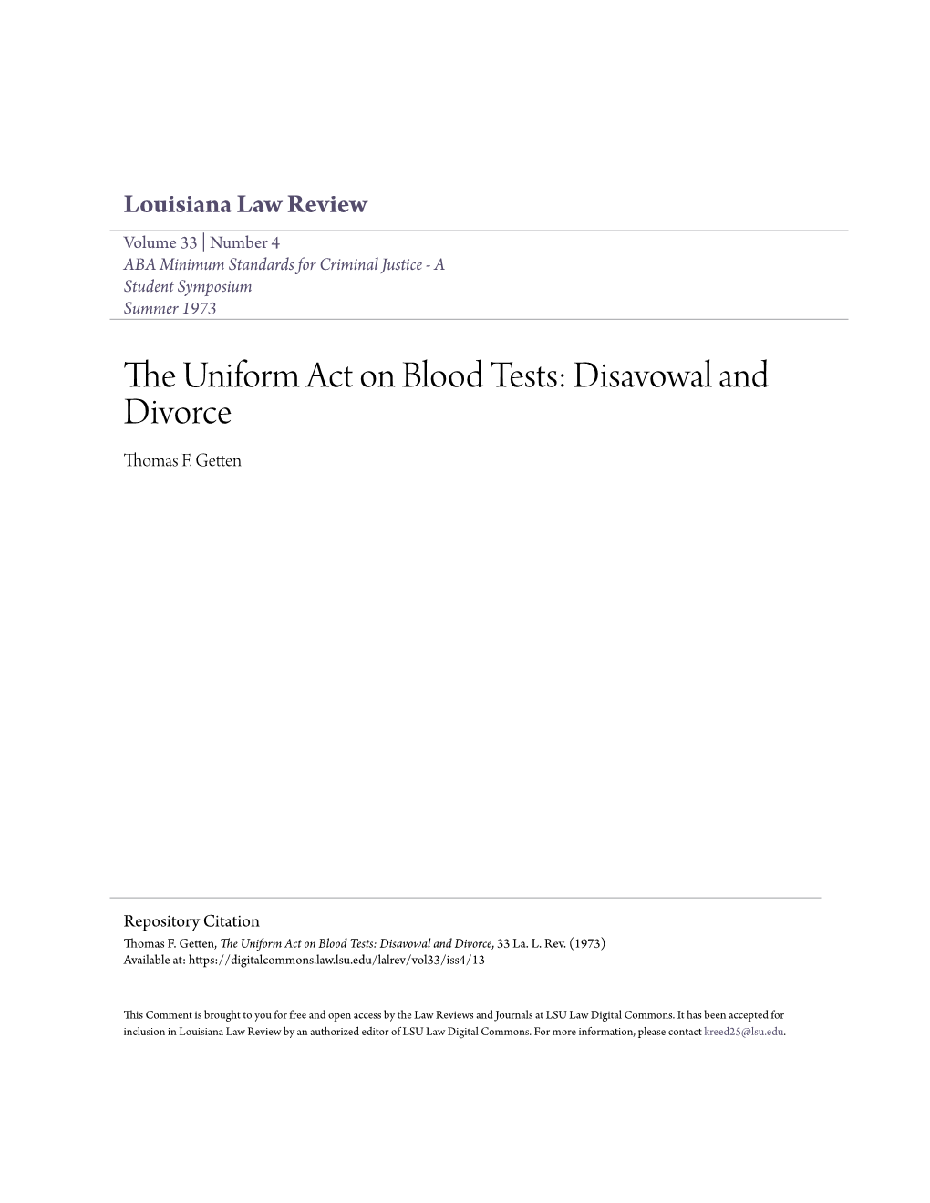 The Uniform Act on Blood Tests: Disavowal and Divorce, 33 La