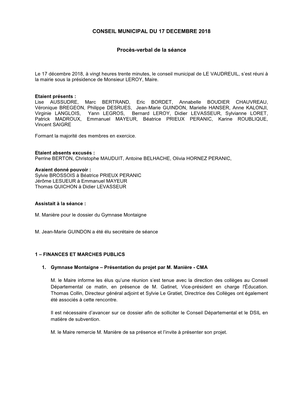 Conseil Municipal Du 17 Decembre 2018