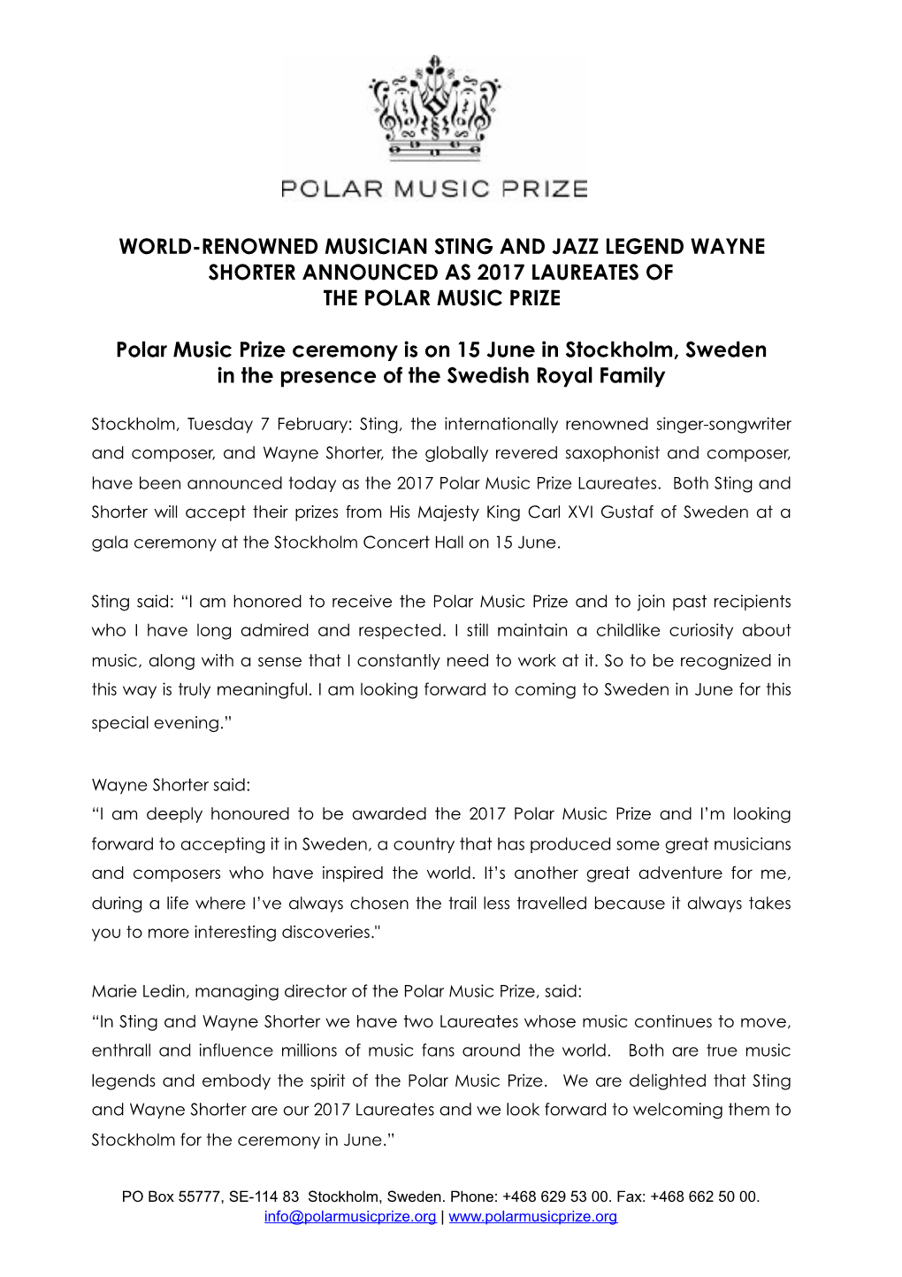 Sting and Wayne Shorter Honoured