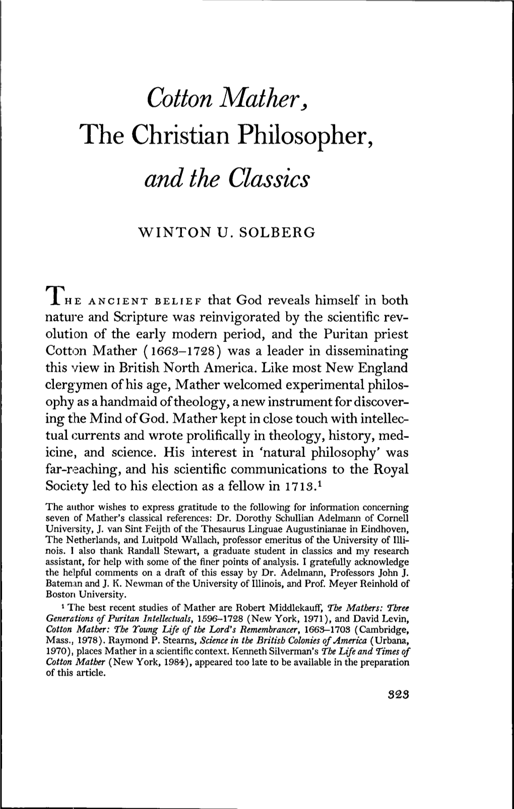 Cotton Mather^ the Christian Philosopher, and the Classics