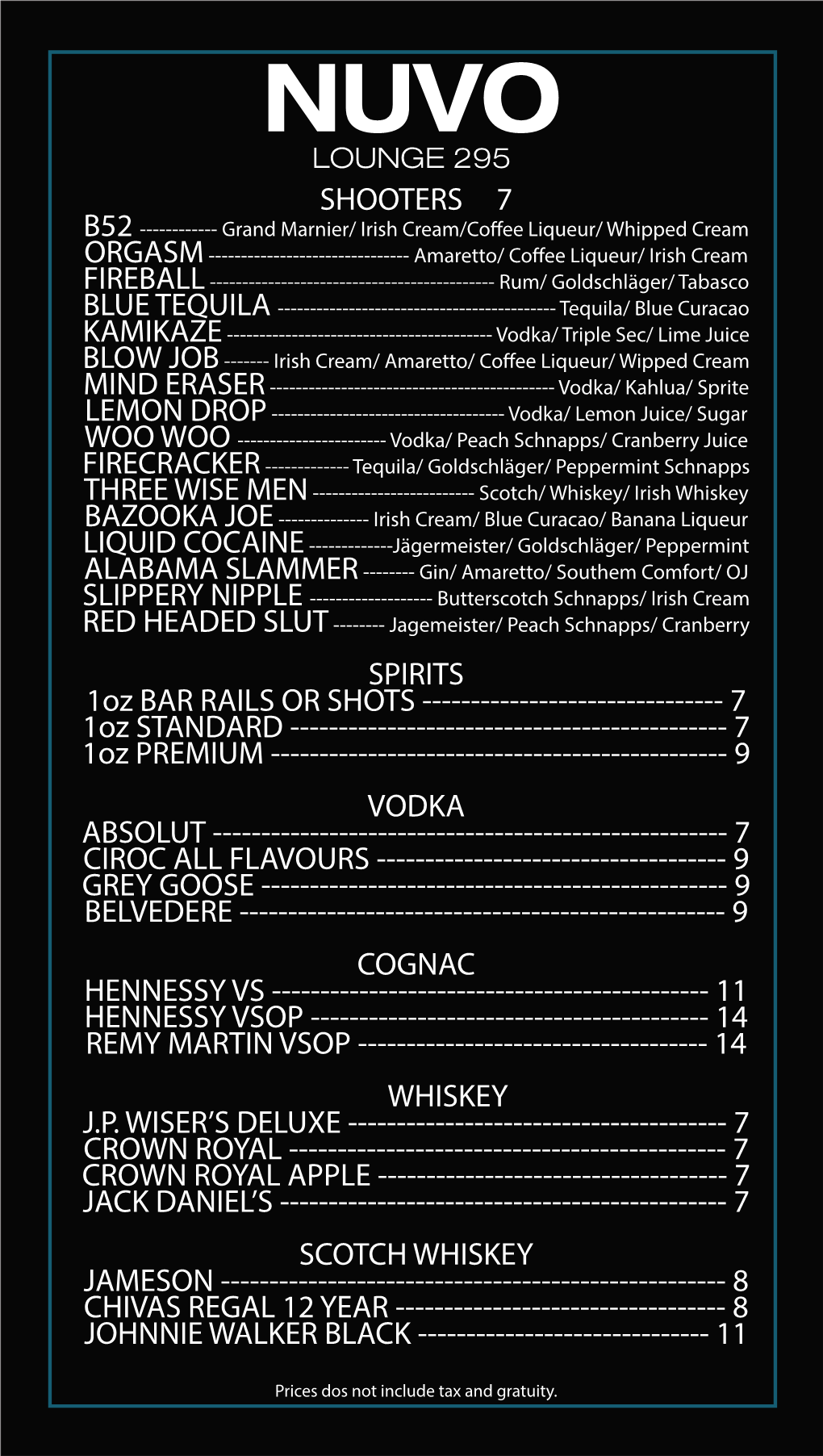 Shooters & Wine Menu