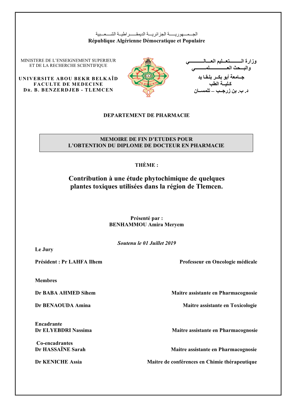 Contribution À Une Étude Phytochimique De Quelques Plantes Toxiques Utilisées Dans La Région De Tlemcen