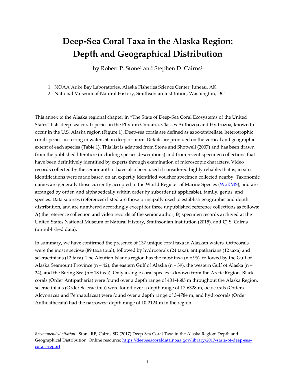 Deep-Sea Coral Taxa in the Alaska Region: Depth and Geographical Distribution