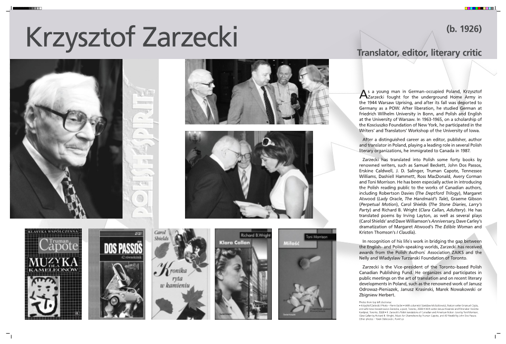 Krzysztof Zarzecki (B. 1926) Translator, Editor, Literary Critic