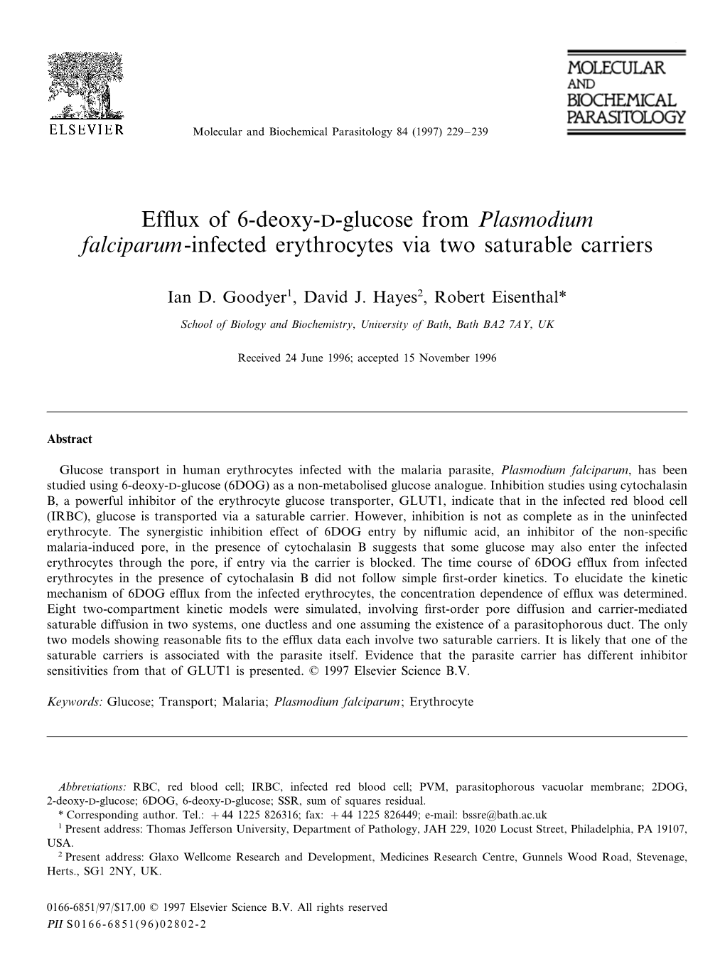 Efflux of 6-Deoxy-D-Glucose from Plasmodium Falciparum-Infected