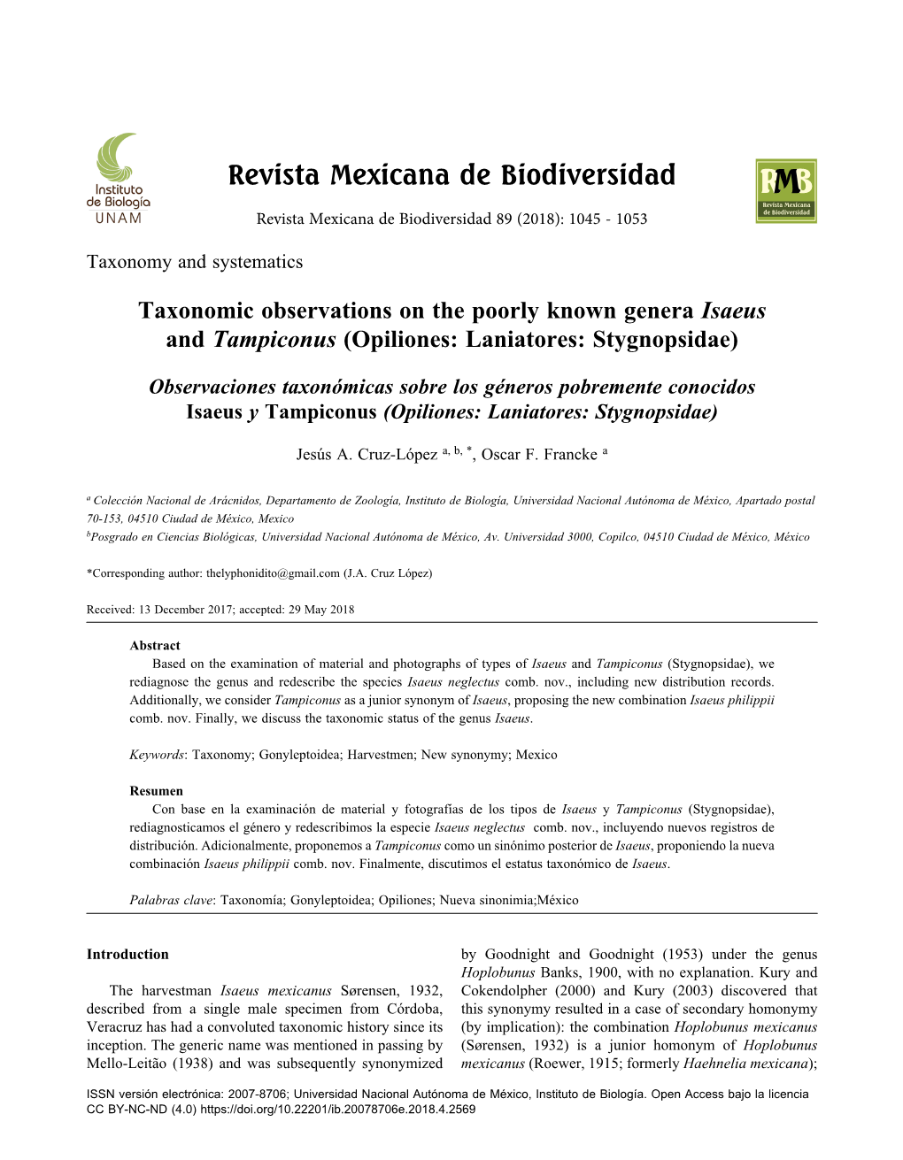 Observaciones Taxonómicas Sobre Los Géneros Pobremente Conocidos Isaeus Y Tampiconus (Opiliones: Laniatores: Stygnopsidae)