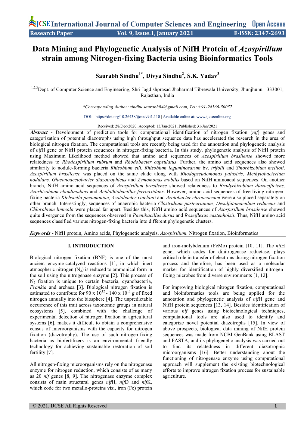 Data Mining and Phylogenetic Analysis of Nifh Protein of Azospirillum Strain Among Nitrogen-Fixing Bacteria Using Bioinformatics Tools