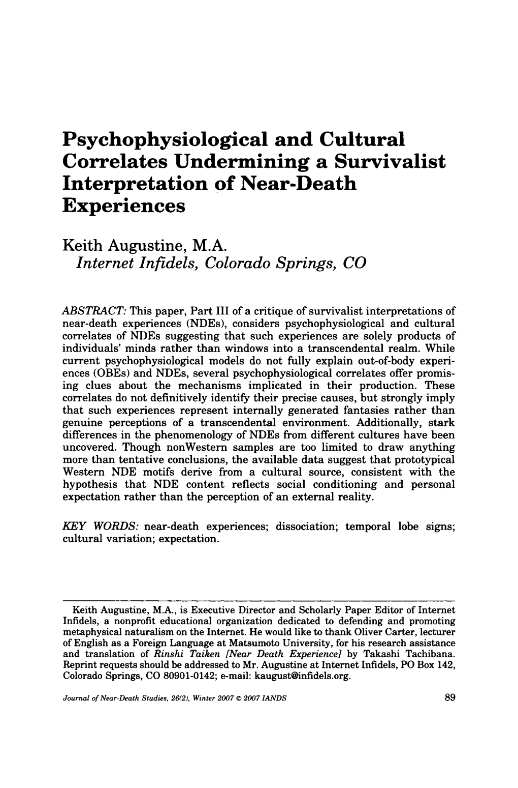 Psychophysiological and Cultural Correlates Undermining a Survivalist Interpretation of Near-Death Experiences