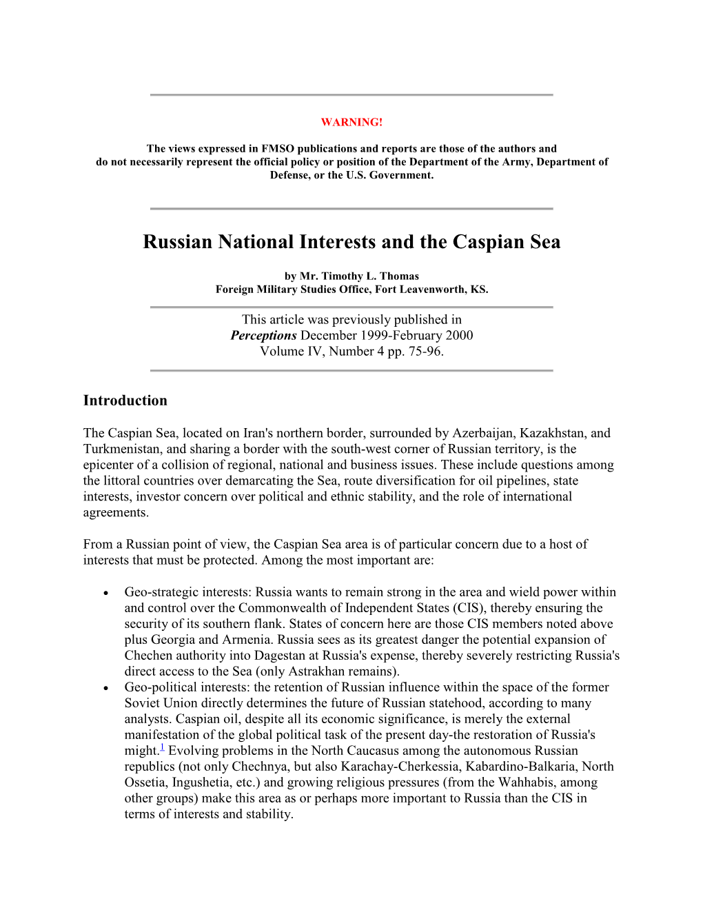 Russian National Interests and the Caspian Sea