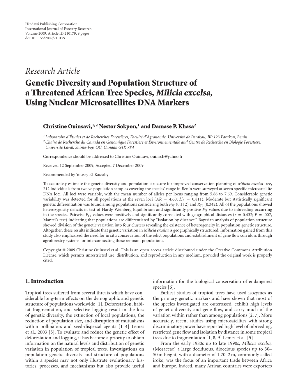 Genetic Diversity and Population Structure of a Threatened African Tree Species, Milicia Excelsa, Using Nuclear Microsatellites DNA Markers