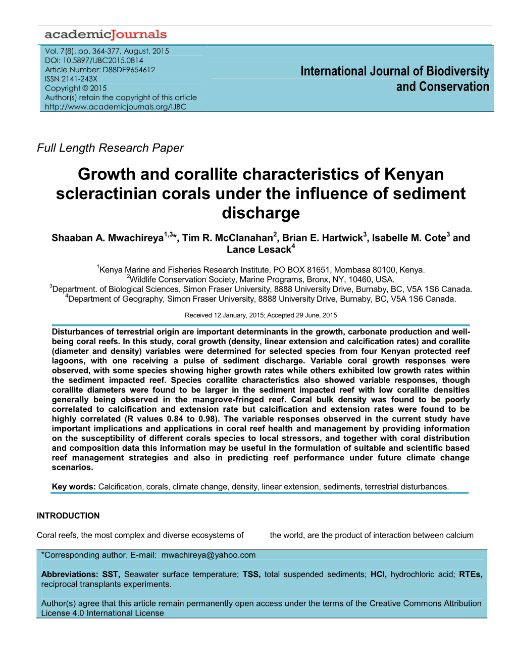 Growth and Calcification Responses of Kenyan Reef Corals to the Effect Of