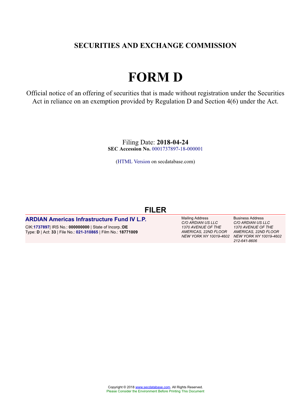 ARDIAN Americas Infrastructure Fund IV L.P. Form D Filed 2018-04-24