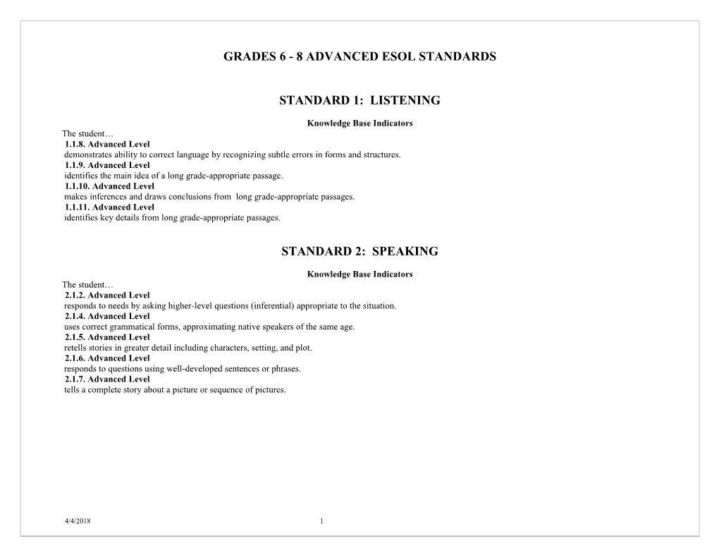 Grades 6 - 8 Advanced Esol Standards