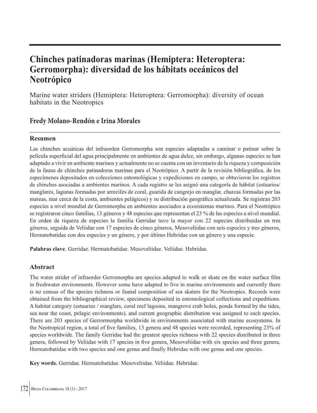 (Hemiptera: Heteroptera: Gerromorpha): Diversidad De Los