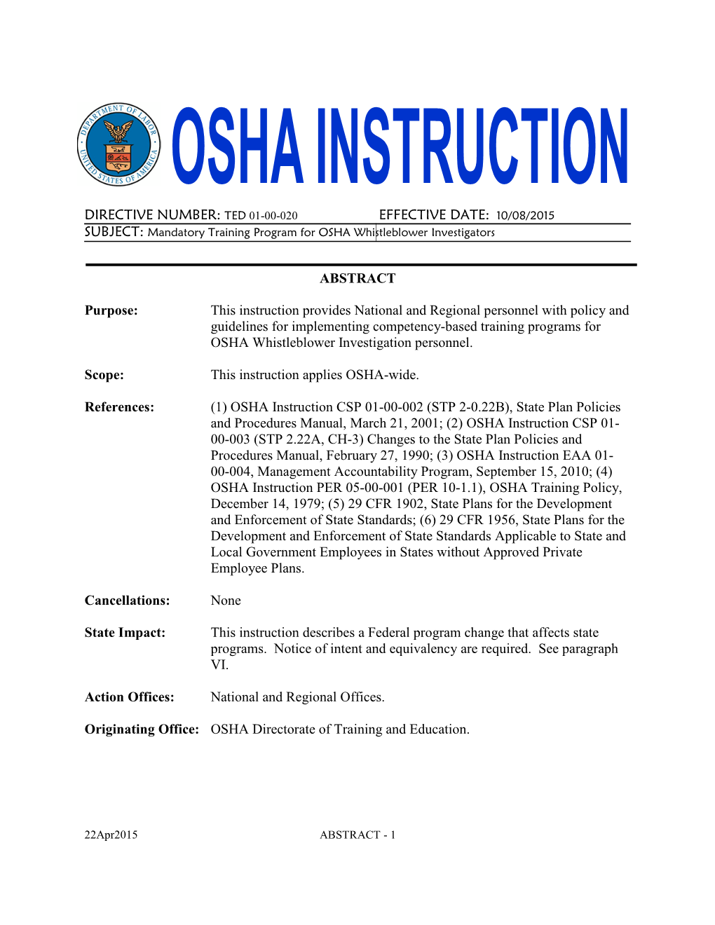 Mandatory Training Program for OSHA Whistleblower Investigators