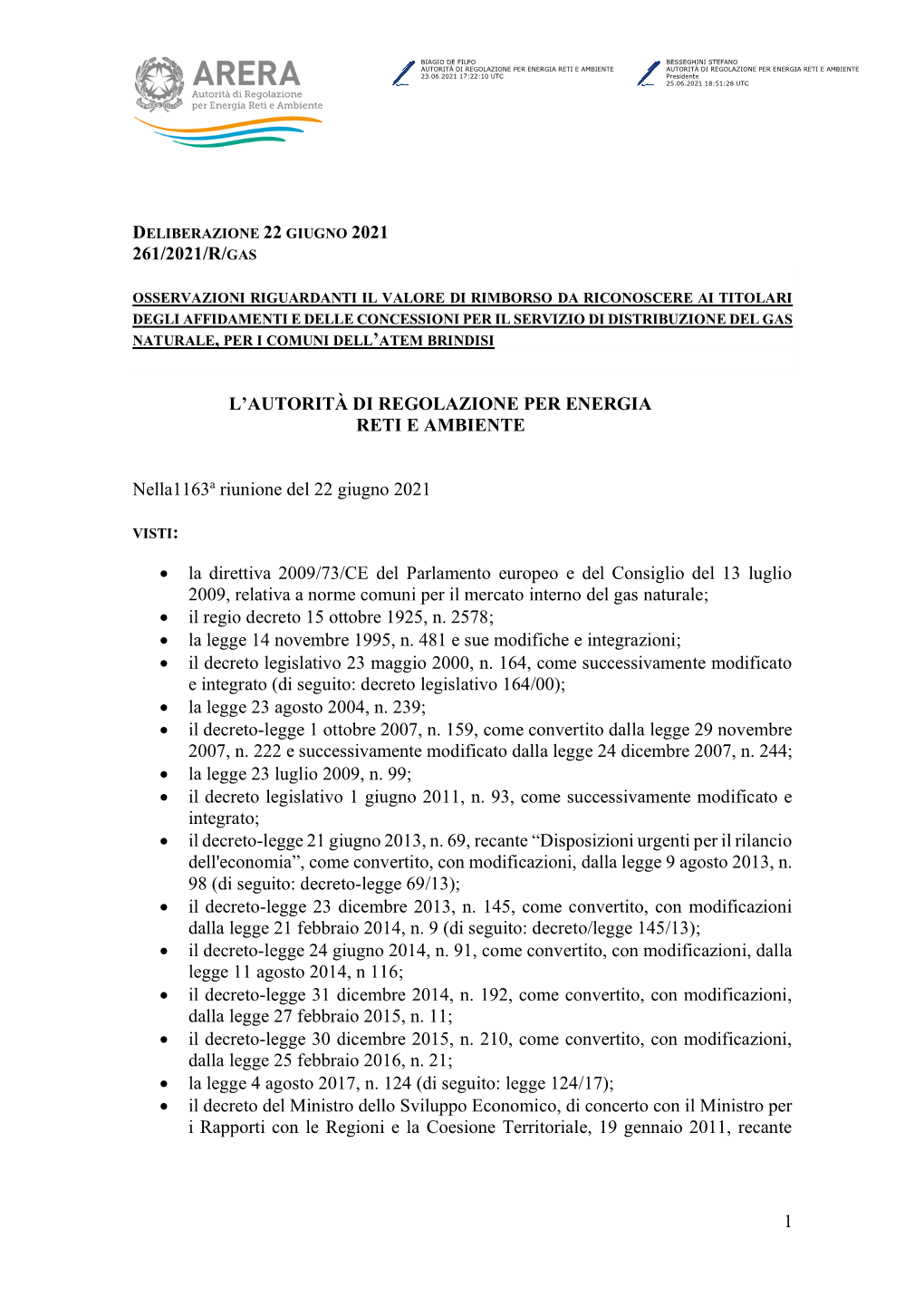 1 261/2021/R/Gas L'autorità Di Regolazione Per