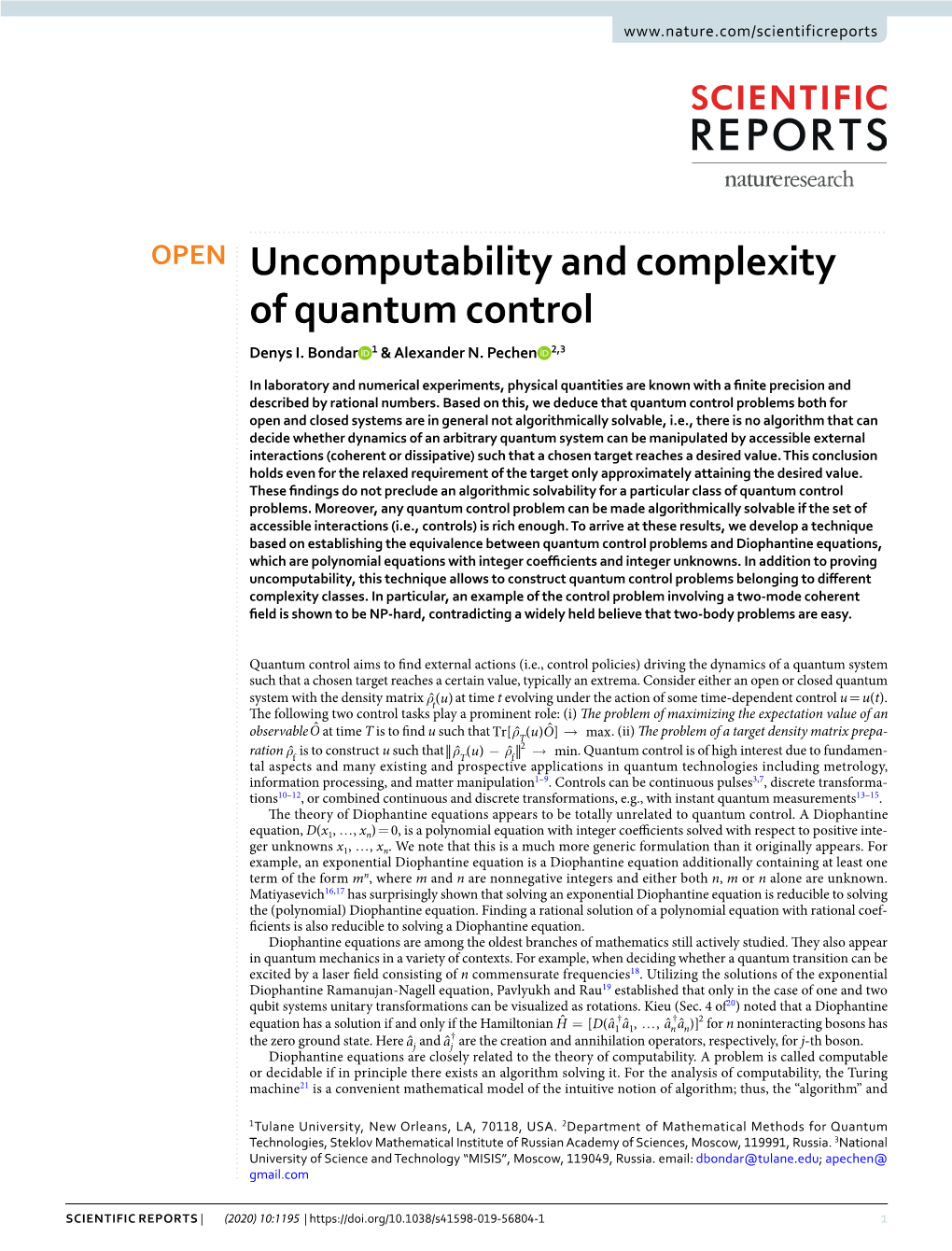 Uncomputability and Complexity of Quantum Control Denys I