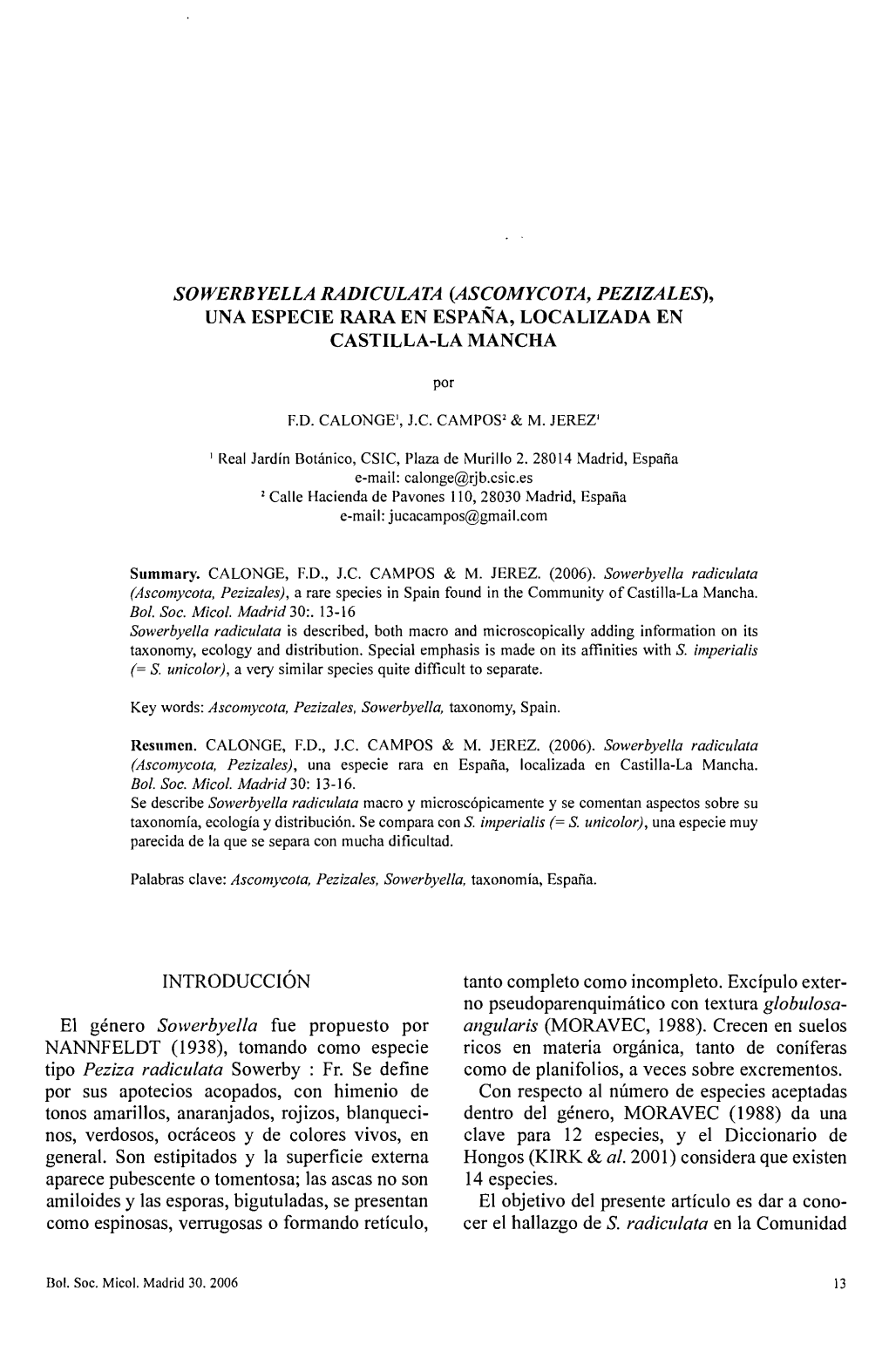 Sowerbyella Radiculata (Ascomycota, Pezizales), Una Especie Rara En España, Localizada En Castilla-La Mancha