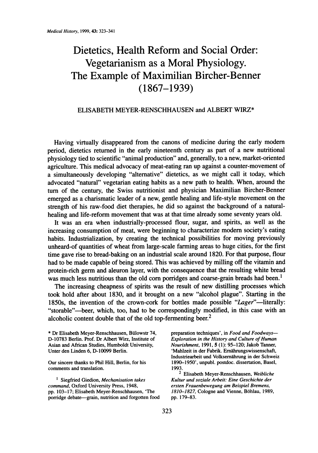 Dietetics, Health Reform and Social Order: Vegetarianism As a Moral Physiology