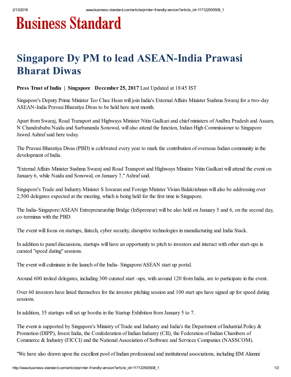 Singapore Dy PM to Lead ASEAN-India Prawasi Bharat Diwas