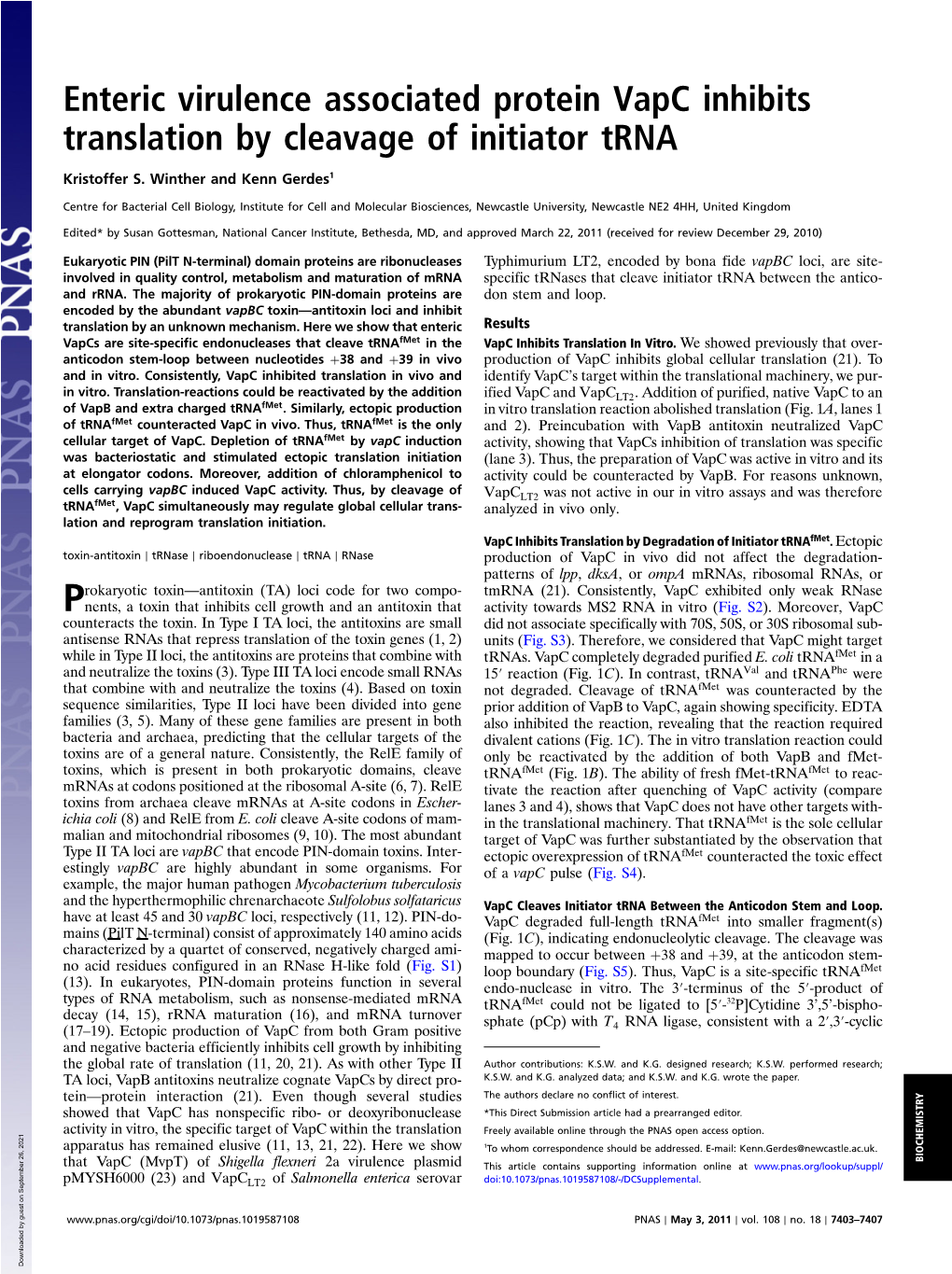 Enteric Virulence Associated Protein Vapc Inhibits Translation by Cleavage of Initiator Trna