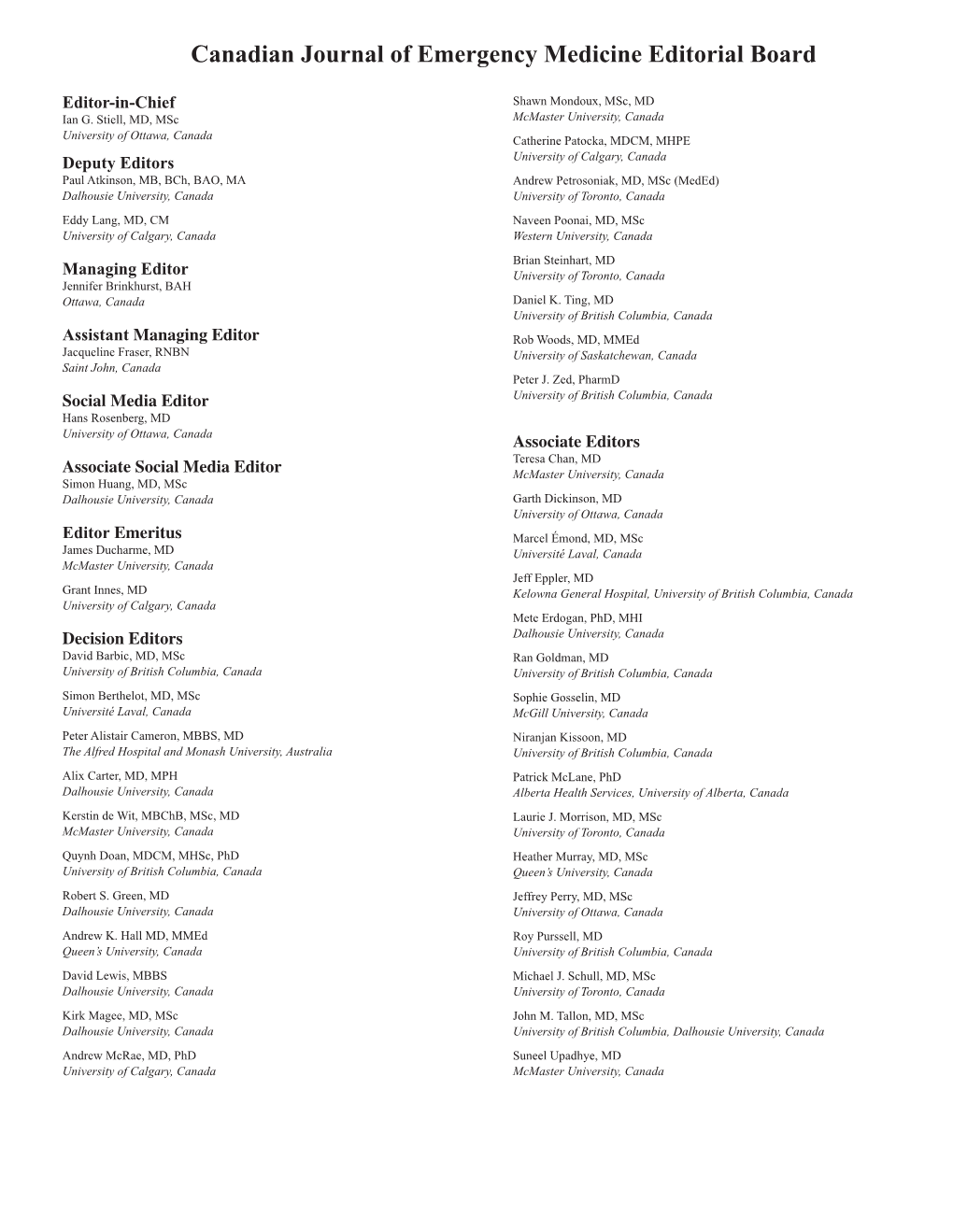 Canadian Journal of Emergency Medicine Editorial Board