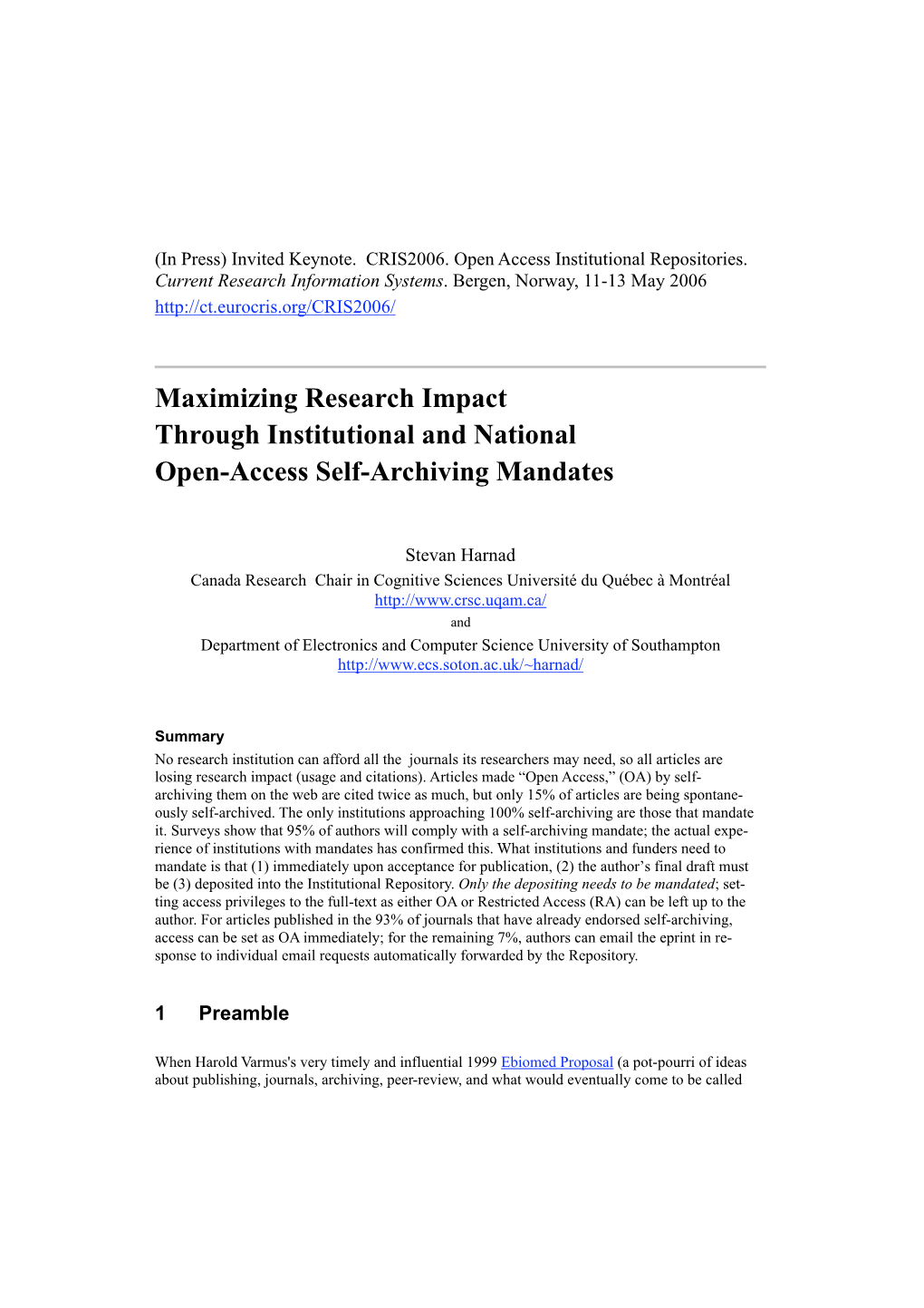 Maximizing Research Impact Through Institutional and National Open-Access Self-Archiving Mandates