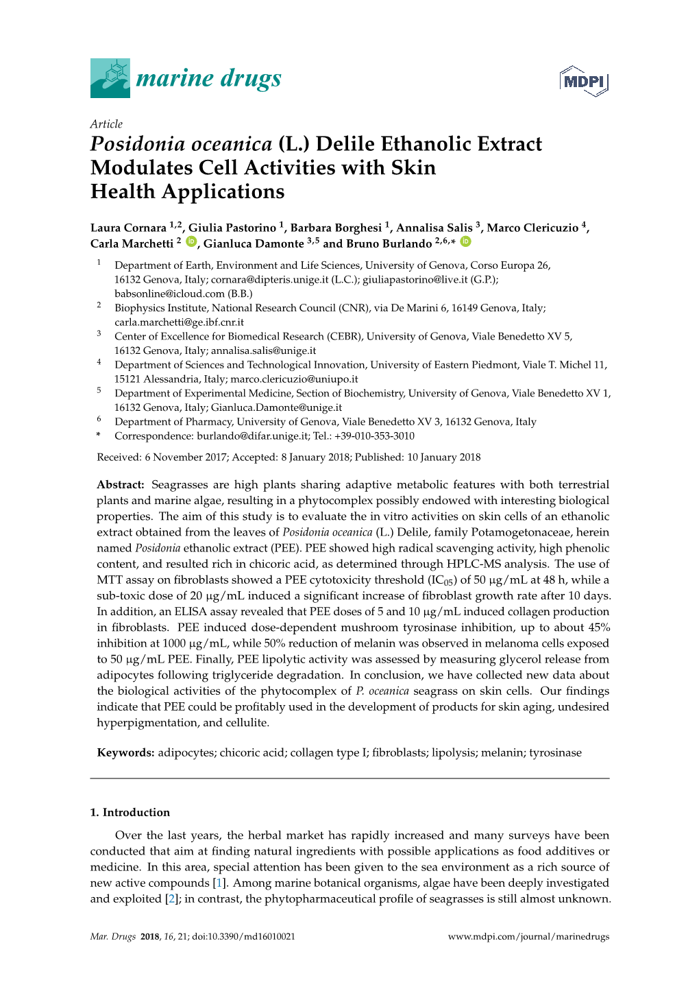 Posidonia Oceanica (L.) Delile Ethanolic Extract Modulates Cell Activities with Skin Health Applications