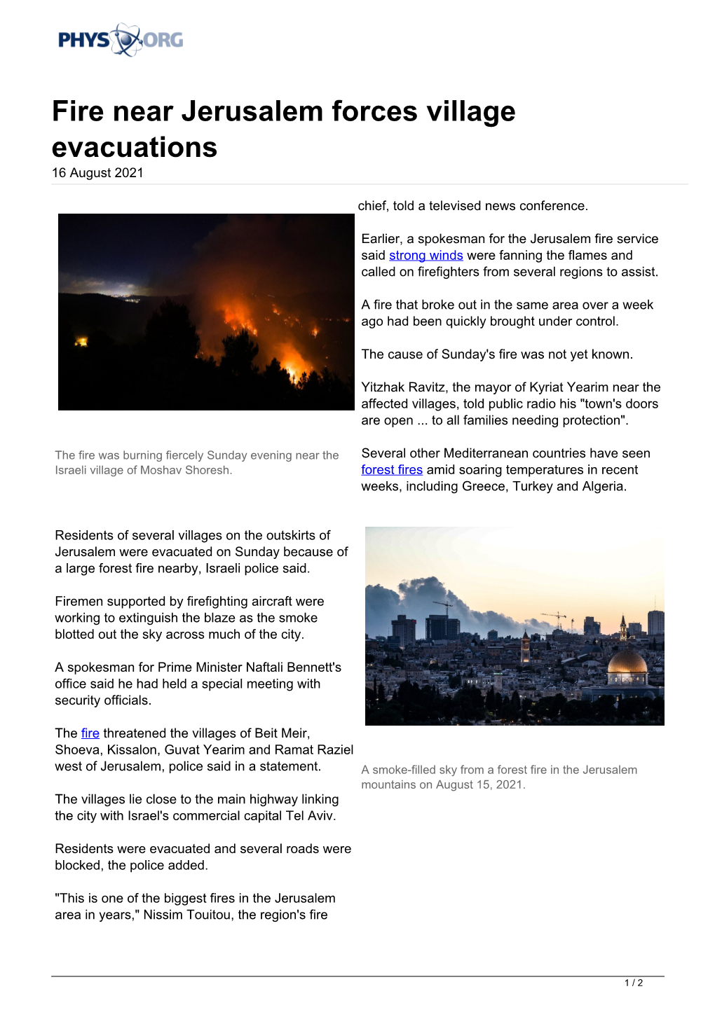 Fire Near Jerusalem Forces Village Evacuations 16 August 2021