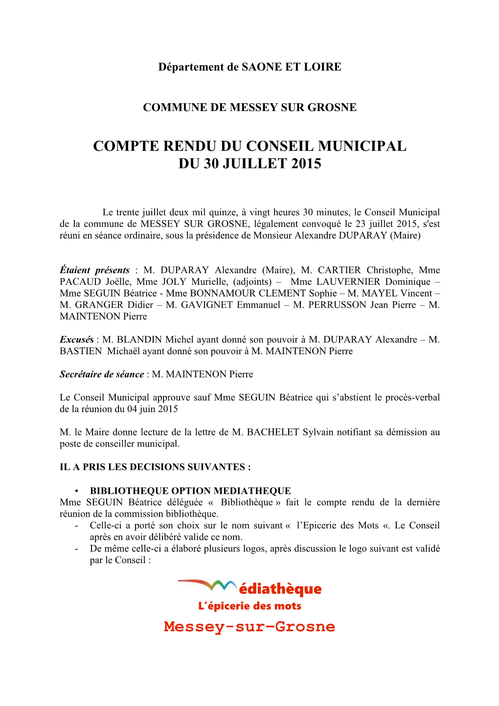 Compte Rendu Du Conseil Municipal Du 30 Juillet 2015