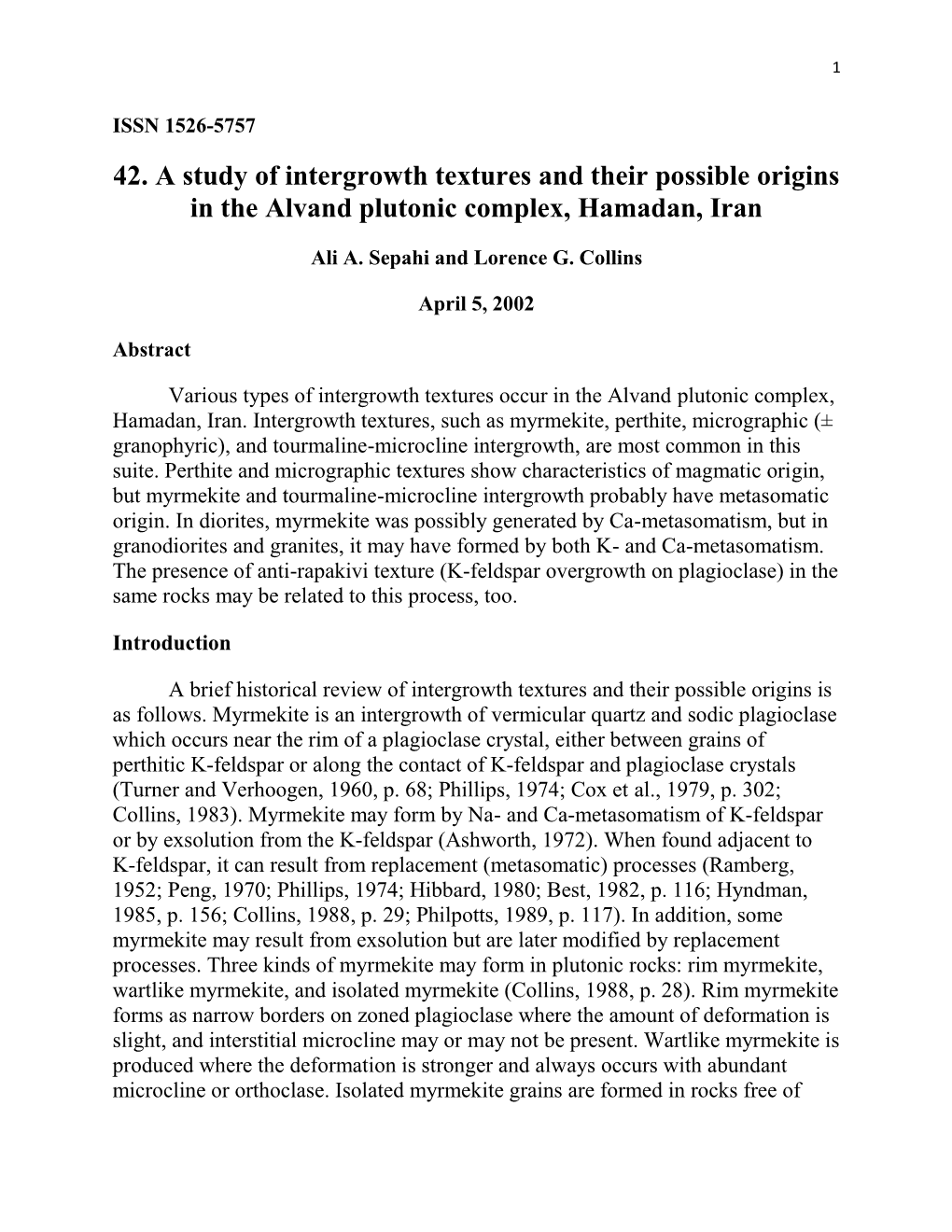 42. a Study of Intergrowth Textures and Their Possible Origins in the Alvand Plutonic Complex, Hamadan, Iran