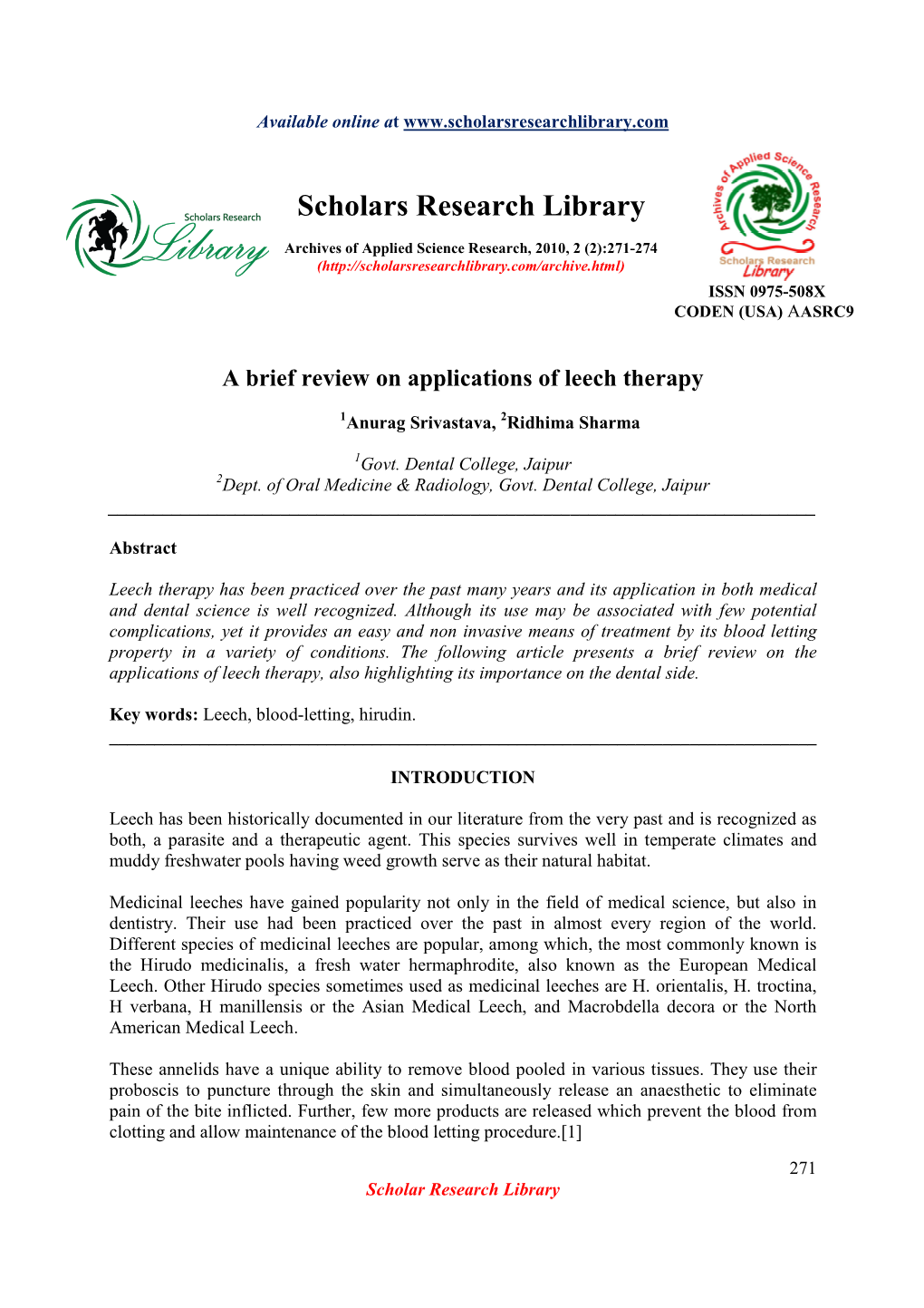 A Brief Review on Applications of Leech Therapy