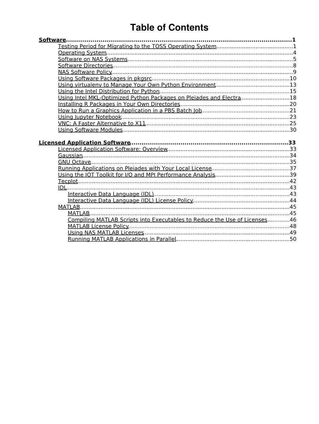 Table of Contents Software