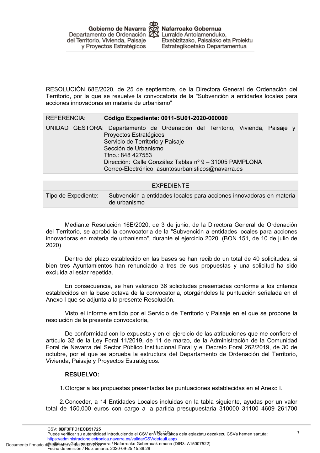 RESOLUCIÓN 68E/2020, De 25 De Septiembre, De La Directora General