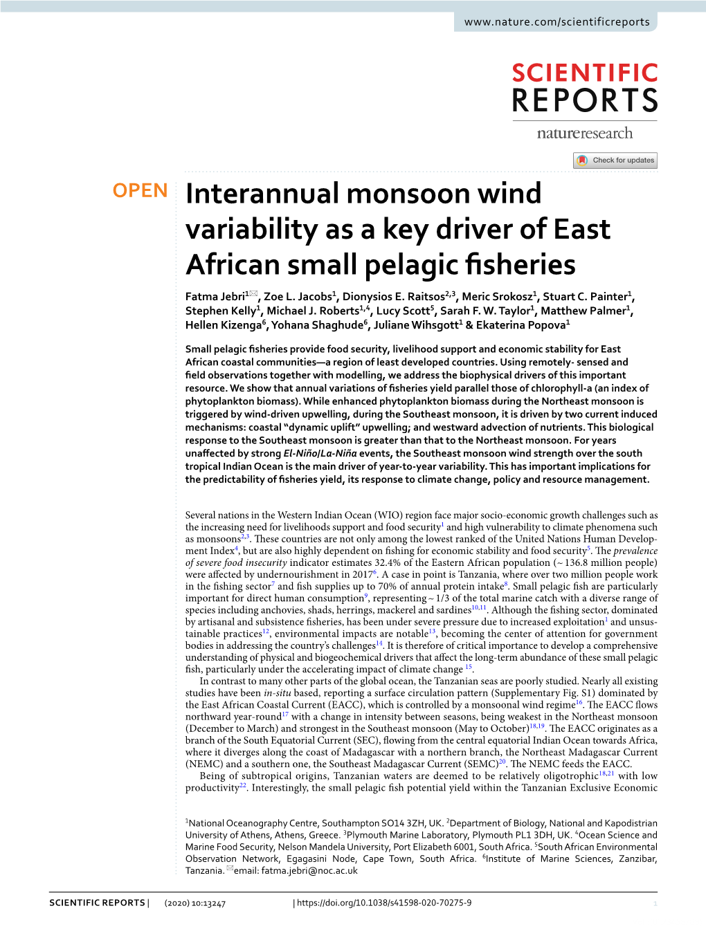 Interannual Monsoon Wind Variability As a Key Driver of East African Small Pelagic Fsheries Fatma Jebri1*, Zoe L