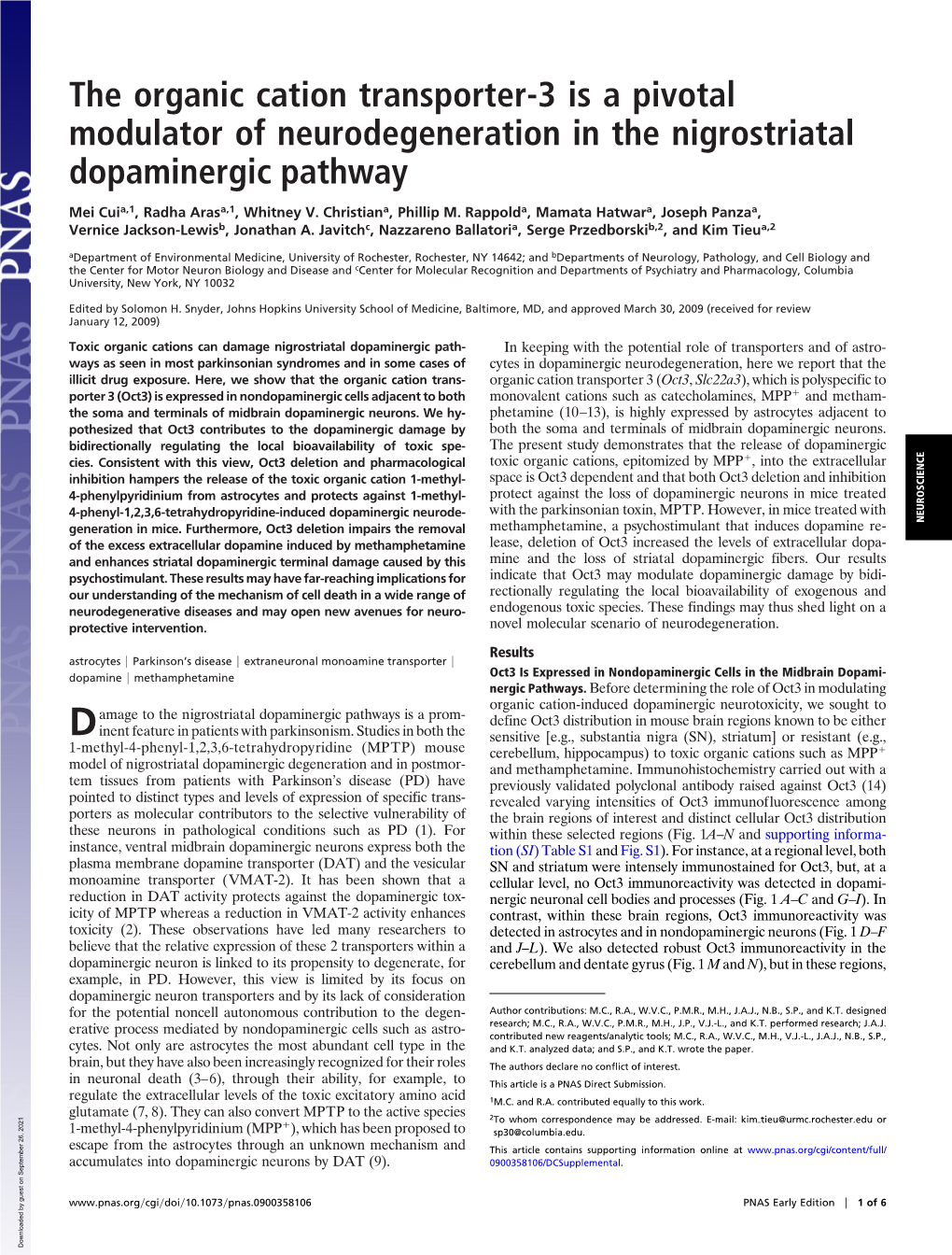 The Organic Cation Transporter-3 Is a Pivotal Modulator of Neurodegeneration in the Nigrostriatal Dopaminergic Pathway