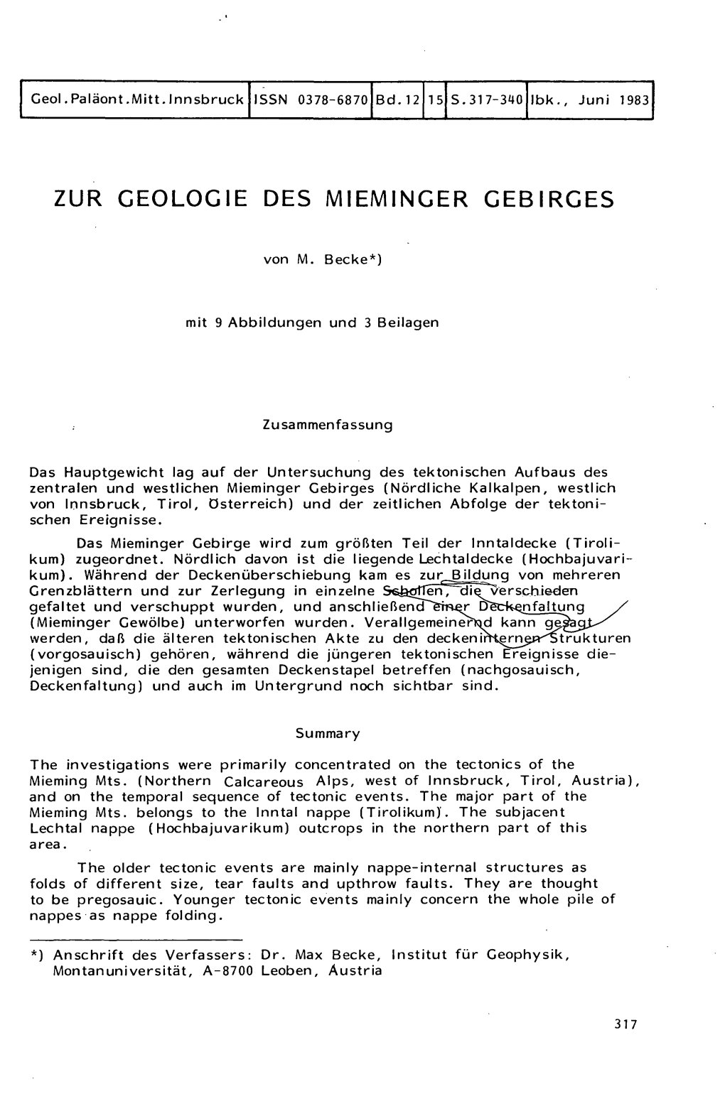 Zur Geologie Des Mieminger Gebirges