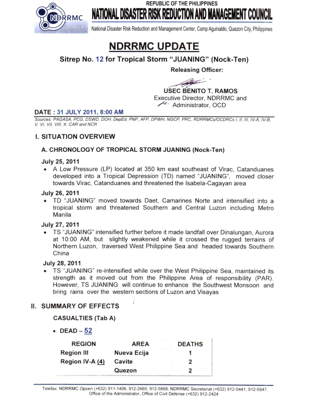 NDRRMC Update Sitrep No. 12 for Tropical Storm JUANING