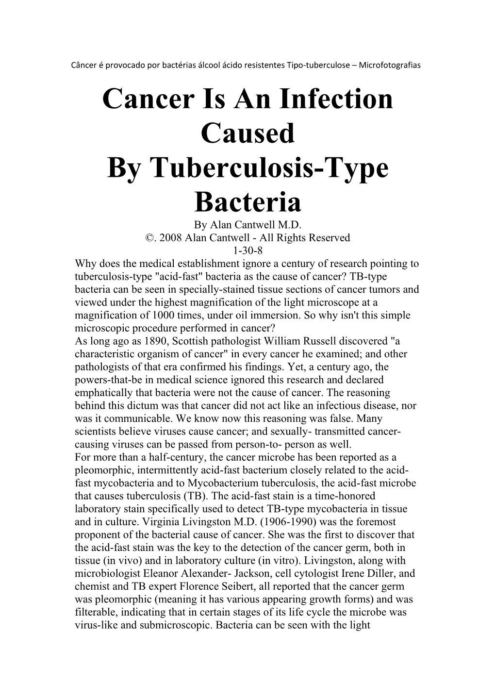 Cancer Is an Infection Caused by Tuberculosis-Type Bacteria