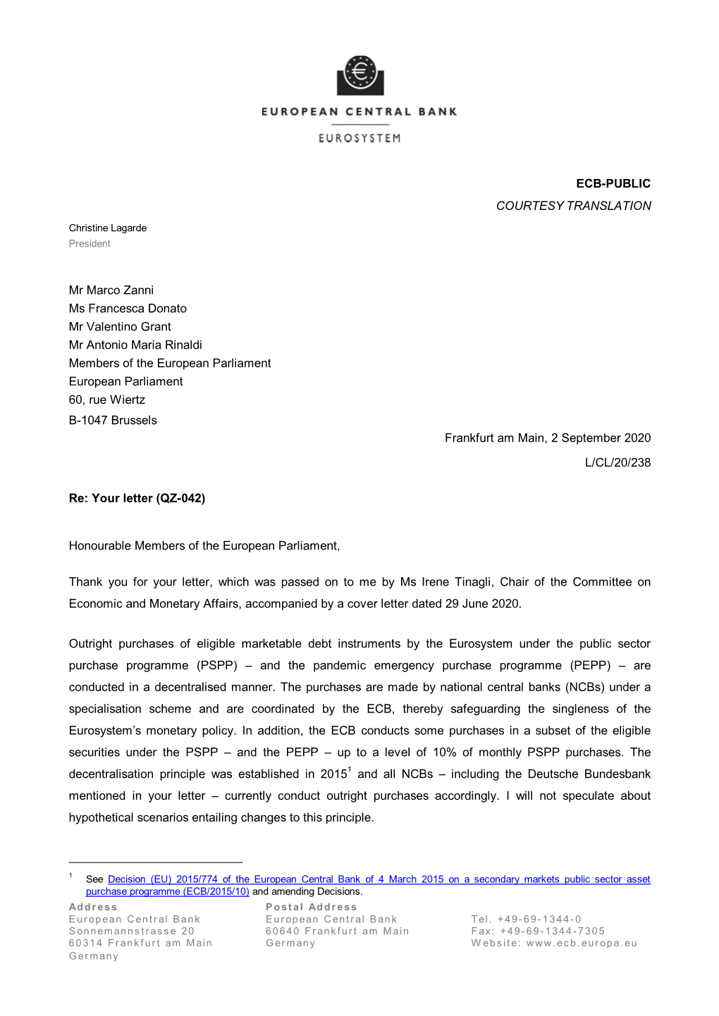 Letter from the ECB President to Mr Marco