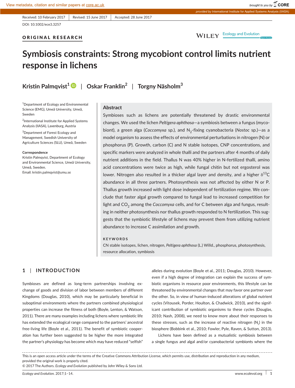 Symbiosis Constraints: Strong Mycobiont Control Limits Nutrient Response in Lichens