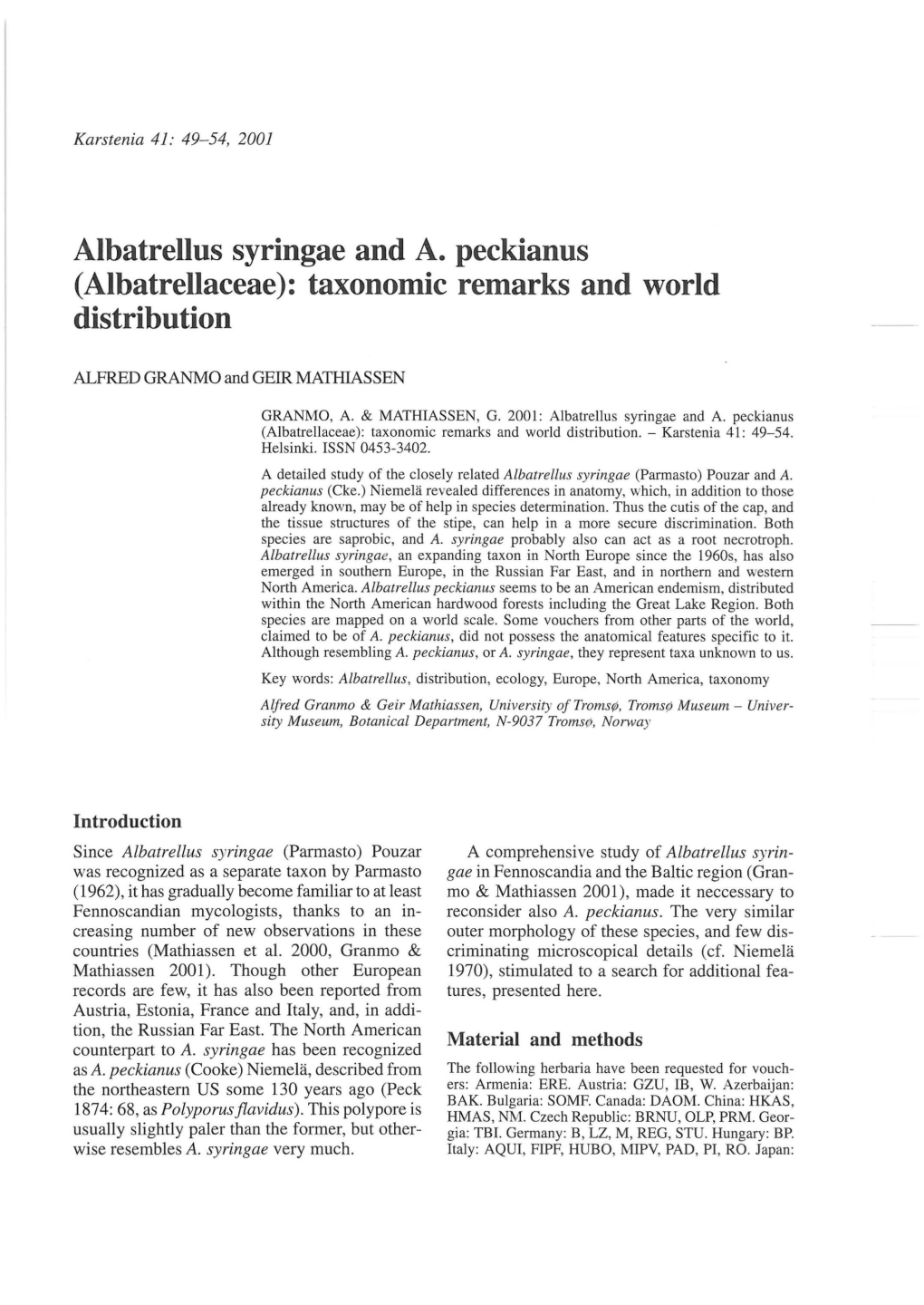 Albatrellus Syringae and A. Peckianus (Albatrellaceae): Taxonomic Remarks and World Distribution