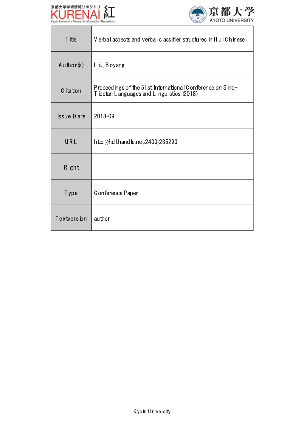 Aspects and Verbal Classifier Structures in Hui Chinese