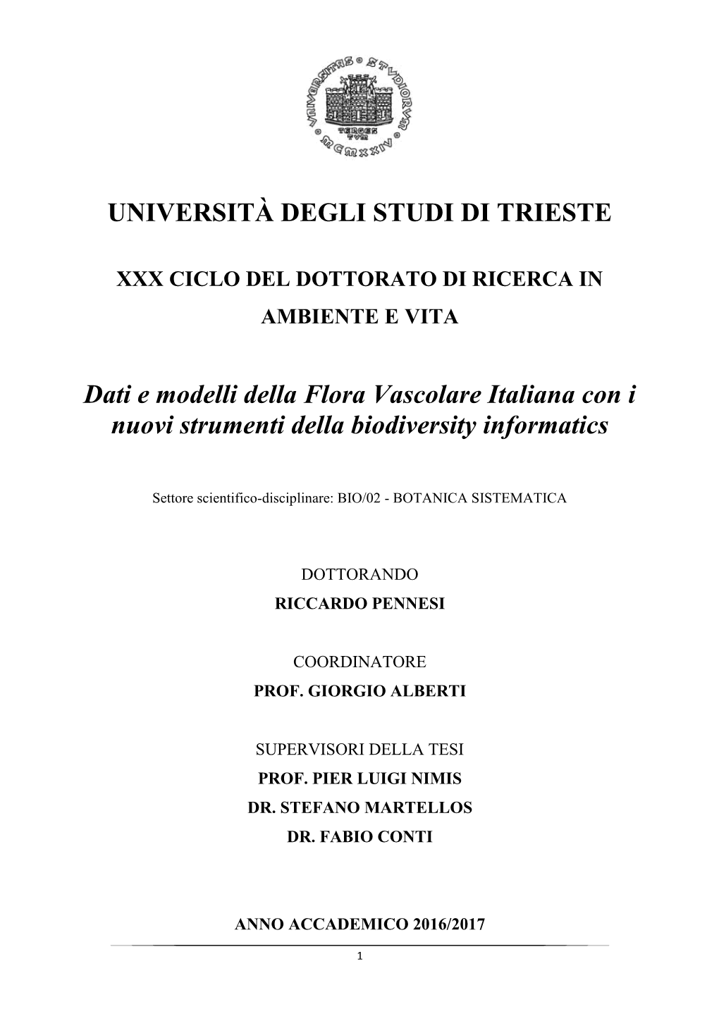 UNIVERSITÀ DEGLI STUDI DI TRIESTE Dati E Modelli Della Flora