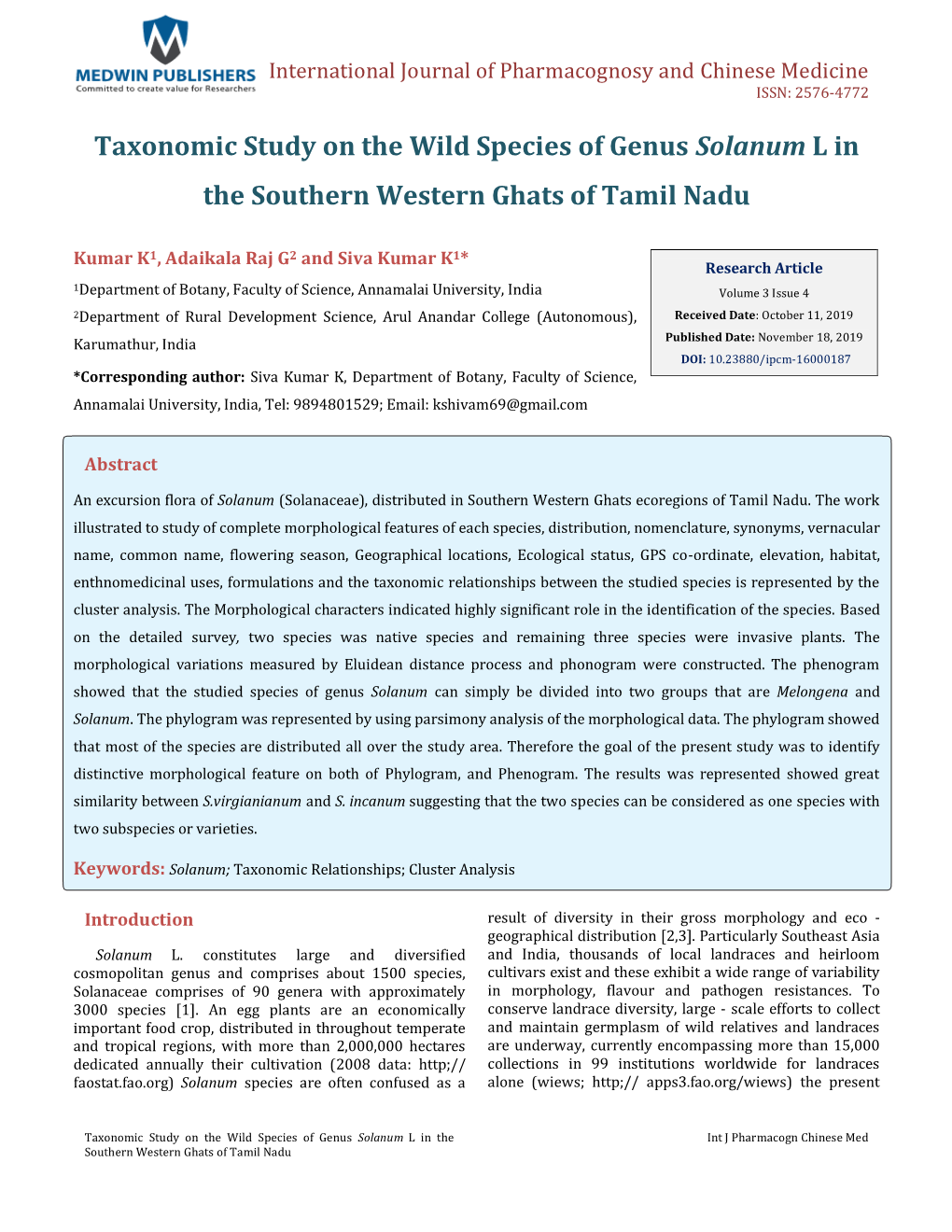 Taxonomic Study on the Wild Species of Genus Solanum L in the Southern Western Ghats of Tamil Nadu